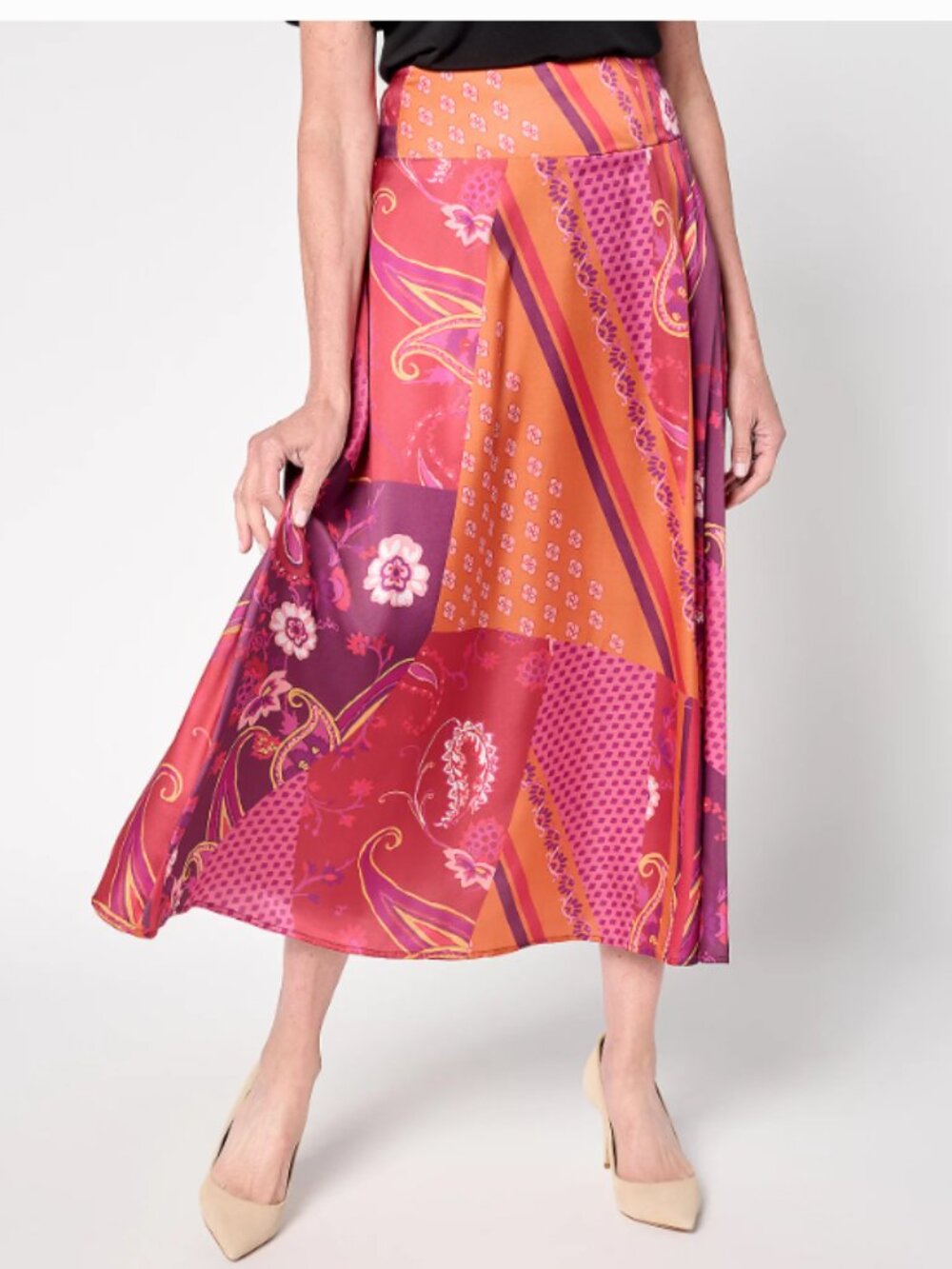 Susan Graver Printed Satin Midi Skirt  16777